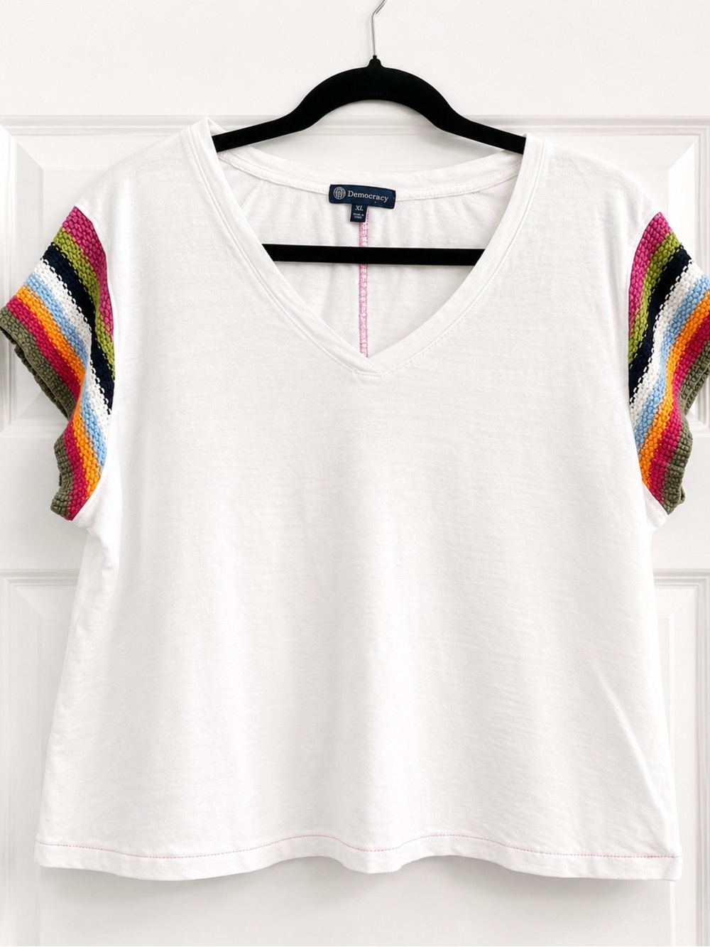 Democracy Boho V-Neck Tee Rainbow Striped Sleeves | XL | Bundle to Save